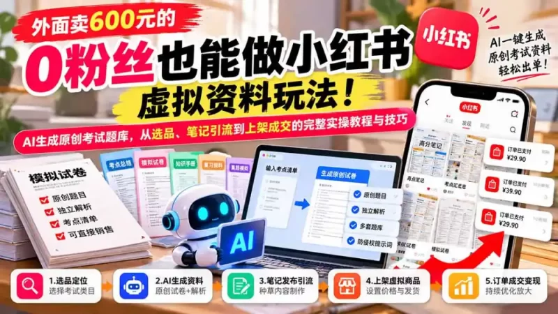 外面卖600元的 零粉丝也能做小红书虚拟资料玩法!AI生成原创考试题库,从选品、笔记引流到上架成交的完整实操教程-51云资源