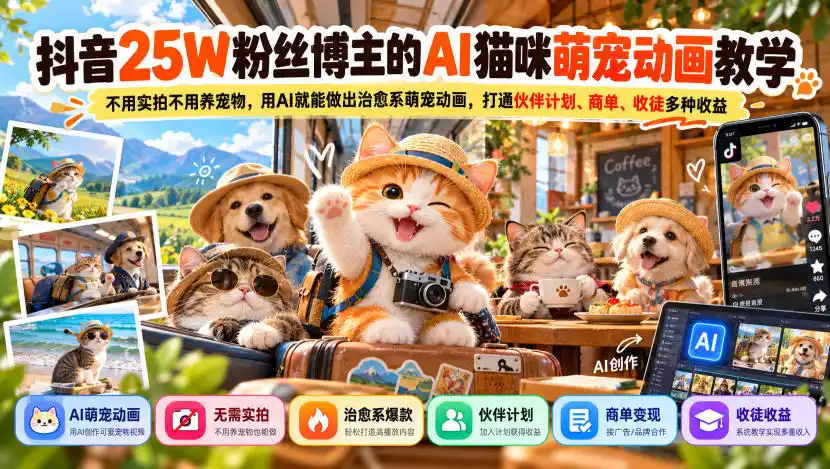 抖音25W粉丝博主的AI猫咪萌宠动画教学,不用实拍不用养宠物,用AI就能做出治愈系萌宠动画,打通伙伴计划、商单、收徒多种收益-51云资源