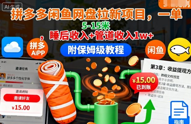 拼多多闲鱼网盘拉新项目,一单5-15米,睡后收入 管道收入1w (附保姆级教程)-51云资源