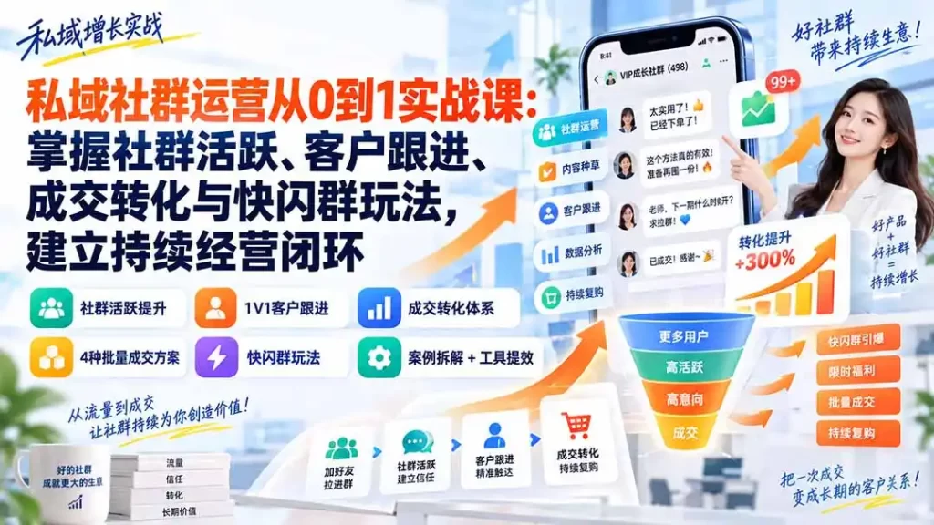 私域社群运营从0到1实战课：掌握社群活跃、客户跟进、成交转化与快闪群玩法，建立持续经营闭环-51云资源