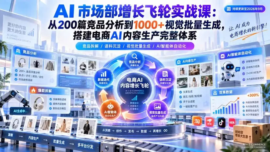 AI 市场部增长飞轮实战课:从200篇竞品分析到1000 视觉批量生成,搭建电商AI内容生产完整体系-51云资源