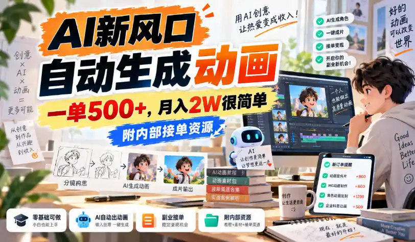 AI新风口，自动生成动画，一单500 ，月入2W很简单，附内部接单资源【揭秘】-51云资源