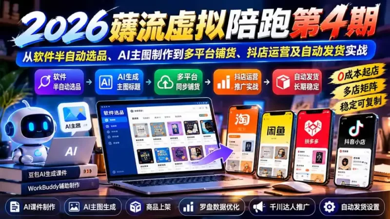 2026薅流虚拟陪跑第4期：从软件半自动选品、AI主图制作到多平台铺货、抖店运营及自动发货实战-51云资源