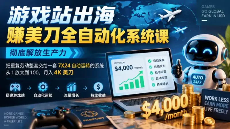 游戏站出海賺美刀全自动化系统课,彻底解放生产力–把重复劳动整套交给一套7X24自动运转的系统,从1放大到100,月入4K美刀-51云资源