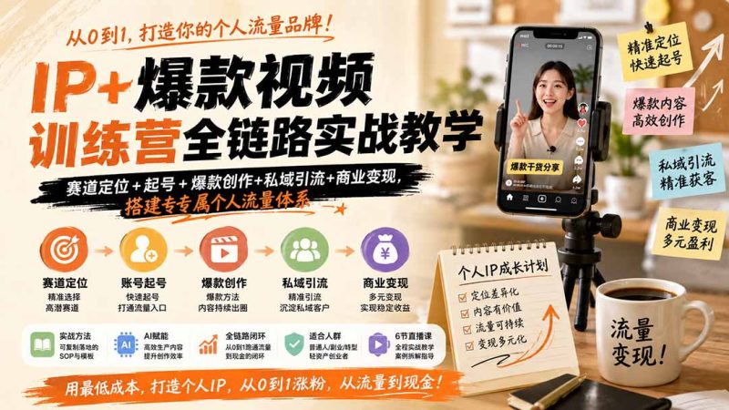 IP 爆款视频训练营全链路实战教学;赛道定位 起号 爆款创作 私域引流 商业变现,搭建专属个人流量体系-51云资源