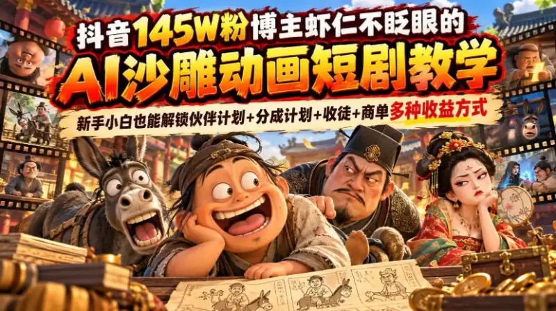 抖音145W粉博主虾仁不眨眼的AI沙雕动画短剧教学,新手小白也能解锁伙伴计划 分成计划 收徒 商单多种收益方式-51云资源