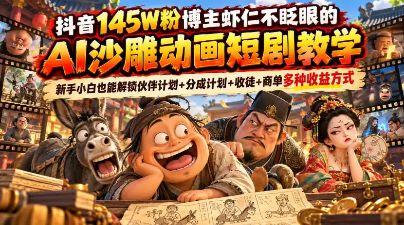 抖音145W粉博主虾仁不眨眼的AI沙雕动画短剧教学,新手小白也能解锁伙伴计划 分成计划 收徒 商单多种收益方式