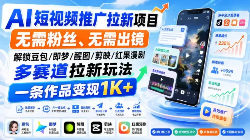 AI短视频推广拉新项目,无需粉丝、无需出镜,解锁豆包/即梦/醒图/剪映/红果漫剧多赛道拉新玩法,一条作品变现1K-51云资源