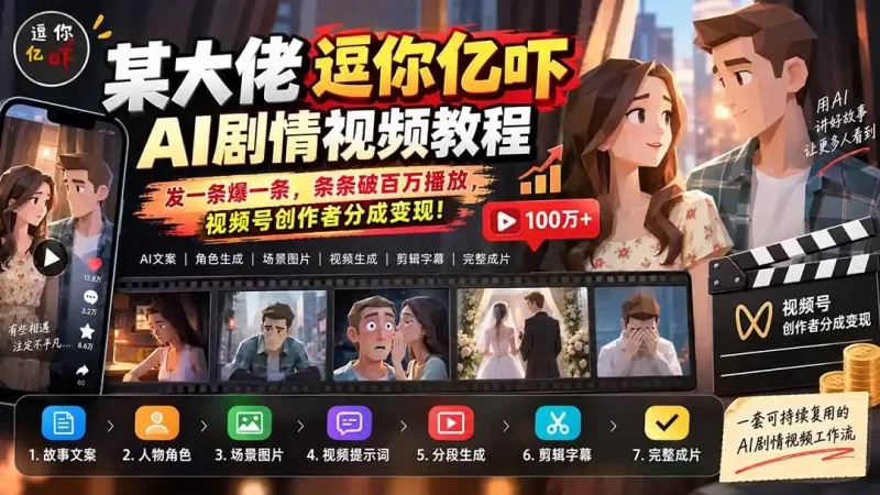 某大佬逗你亿吓AI低模剧情视频制作教程:发一条爆一条,条条破百万播放,利用视频号创作者分成变现!-51云资源