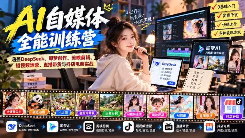 【无水印】AI 自媒体全能训练营：涵盖DeepSeek、即梦创作、剪映剪辑、短视频运营、直播带货与抖店电商实战-51云资源