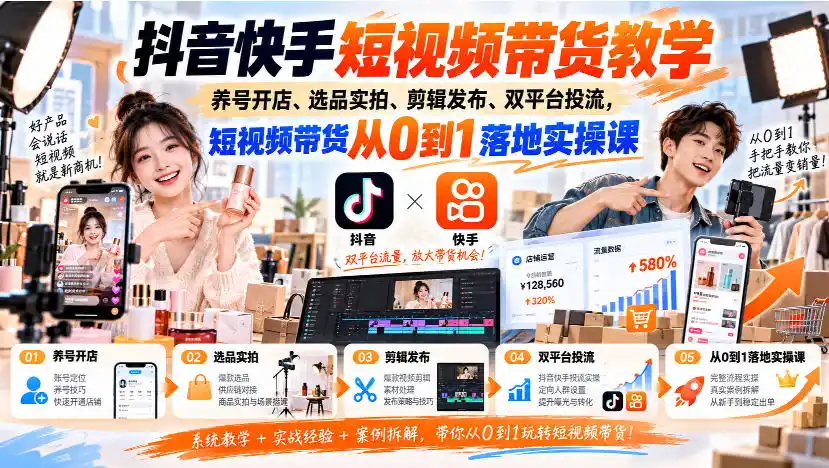 抖音快手短视频带货教学｜养号开店、选品实拍、剪辑发布、双平台投流，短视频带货从0到1落地实操课-51云资源